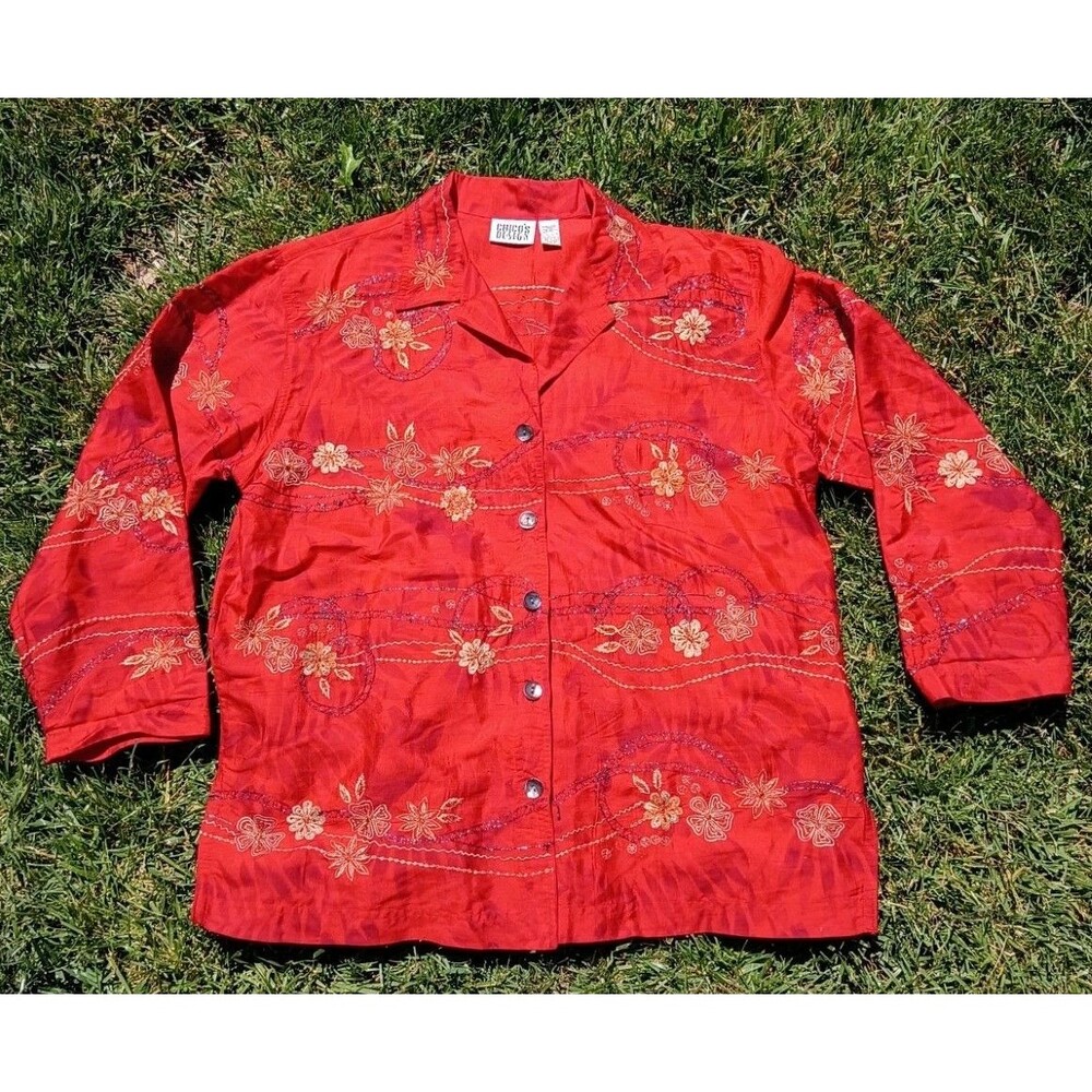 Vintage Boho 100% Silk Red Embroidered Blouse | 90's Chic Artsy Statement Top